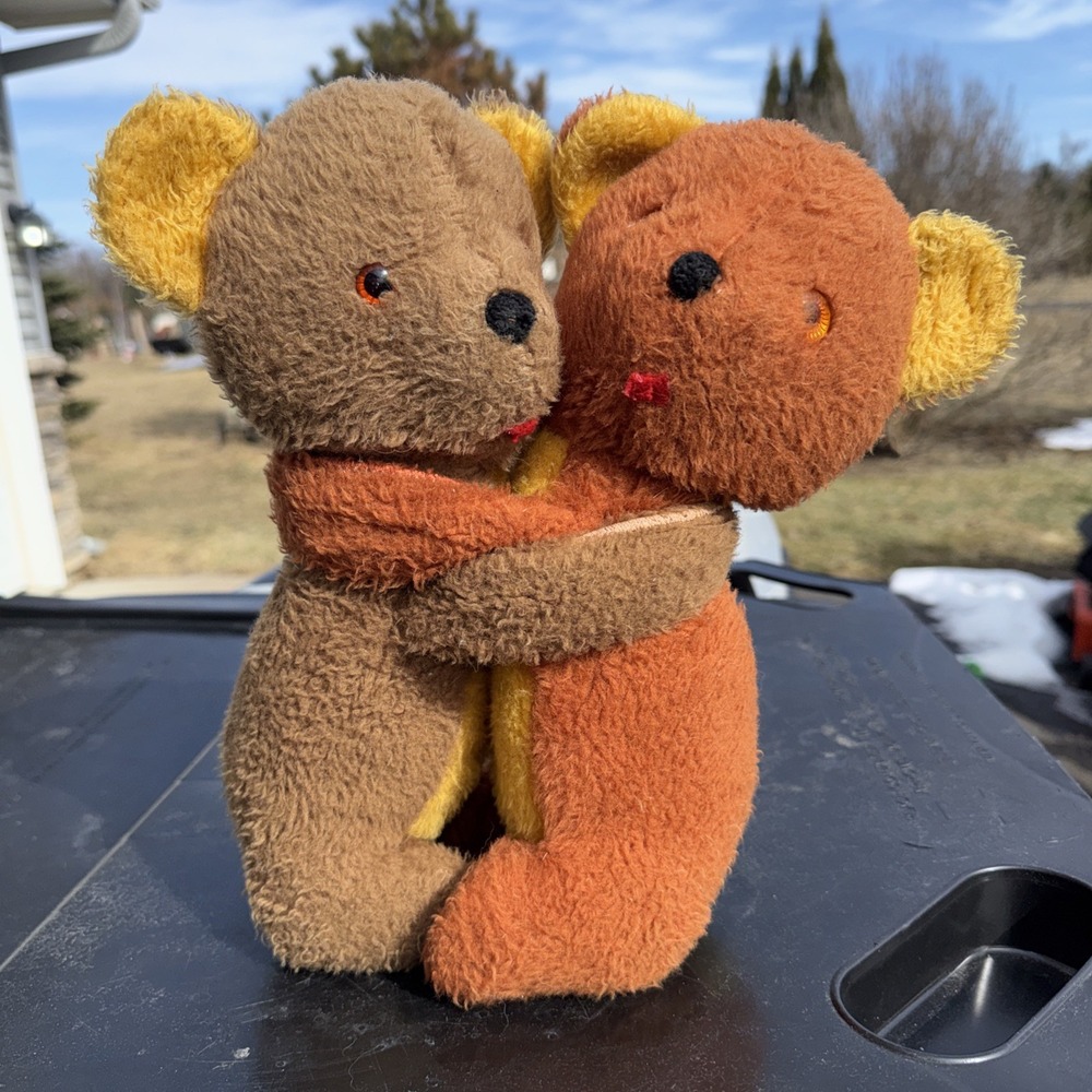 Vintage Hugging Teddy Bears Plush 1960s/70s Glass Eyes Stuffed Animal 12" Tall